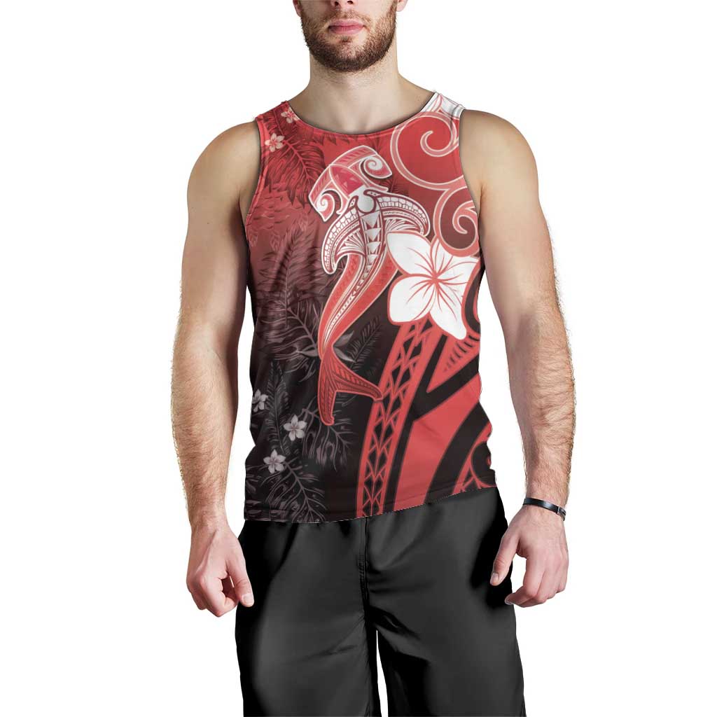 Polynesia Hammerhead Shark Men Tank Top Red Tribal Pattern With Plumeria - Polynesian Pride
