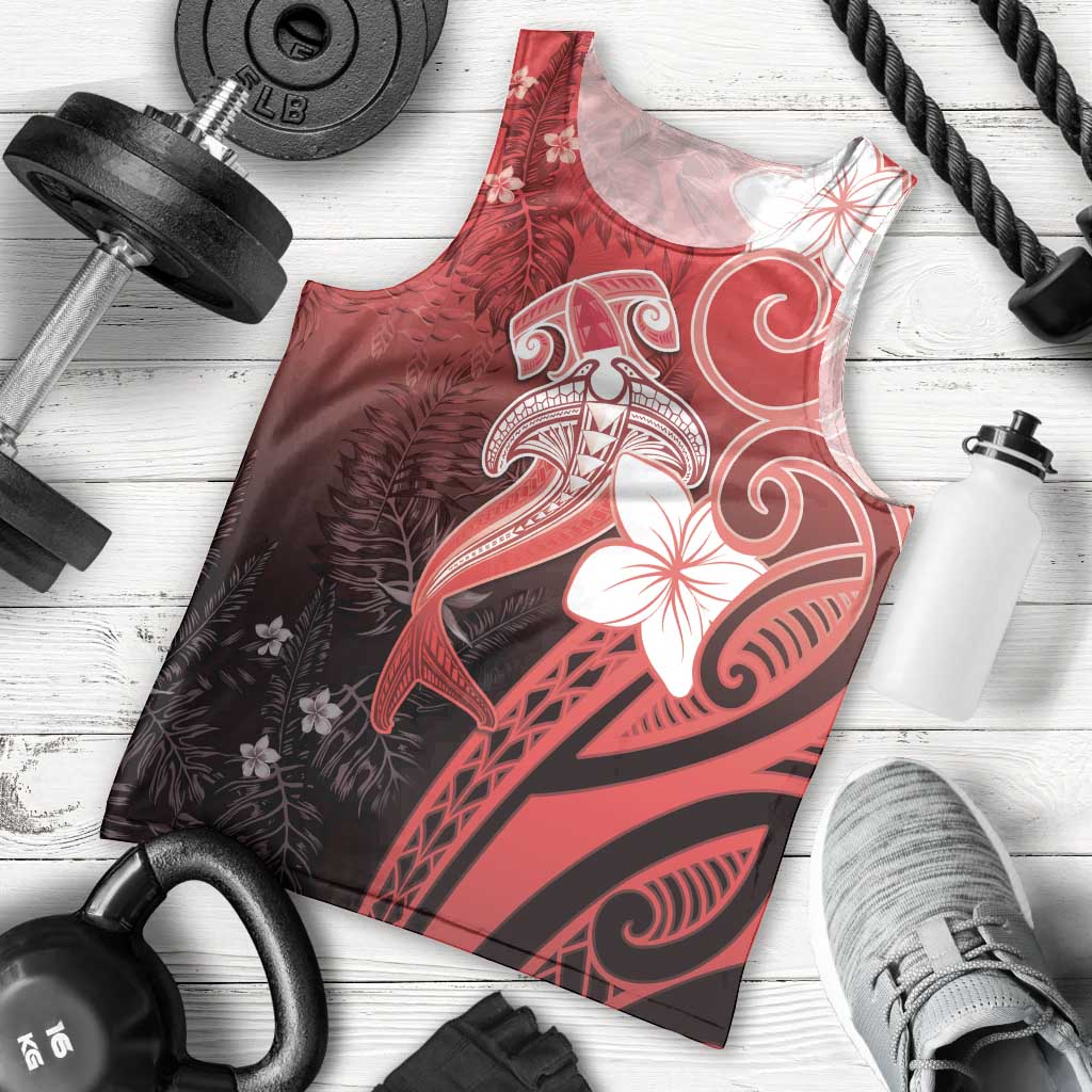 Polynesia Hammerhead Shark Men Tank Top Red Tribal Pattern With Plumeria - Polynesian Pride