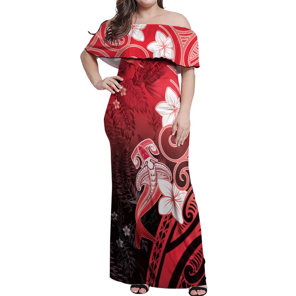 Polynesia Hammerhead Shark Off Shoulder Maxi Dress Red Tribal Pattern With Plumeria - Polynesian Pride