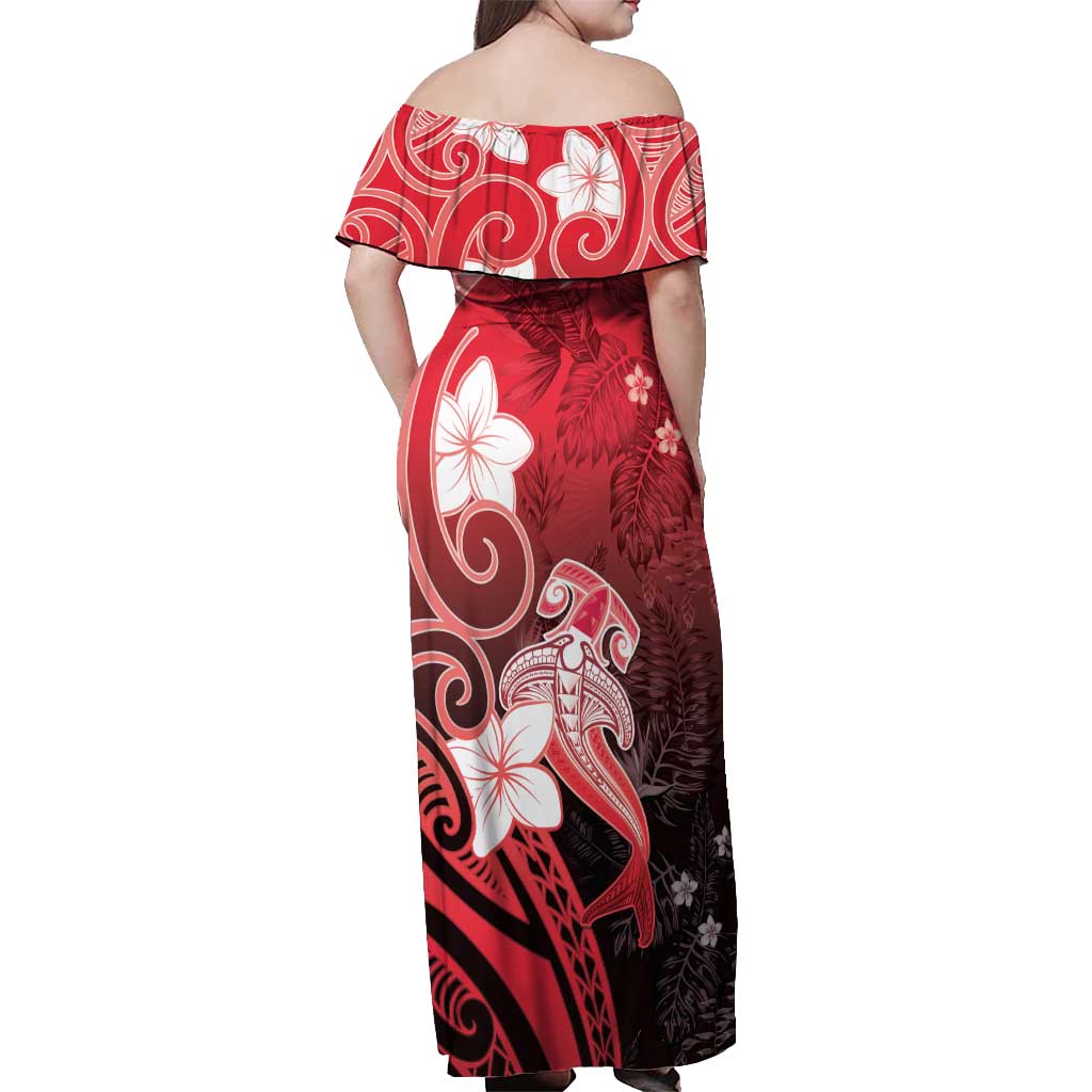 Polynesia Hammerhead Shark Off Shoulder Maxi Dress Red Tribal Pattern With Plumeria - Polynesian Pride