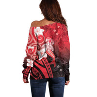 Polynesia Hammerhead Shark Off Shoulder Sweater Red Tribal Pattern With Plumeria - Polynesian Pride