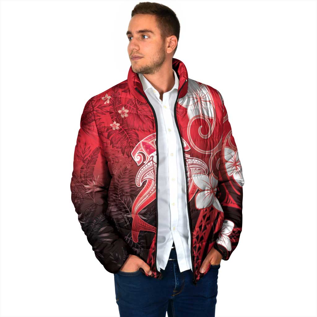 Polynesia Hammerhead Shark Padded Jacket Red Tribal Pattern With Plumeria - Polynesian Pride
