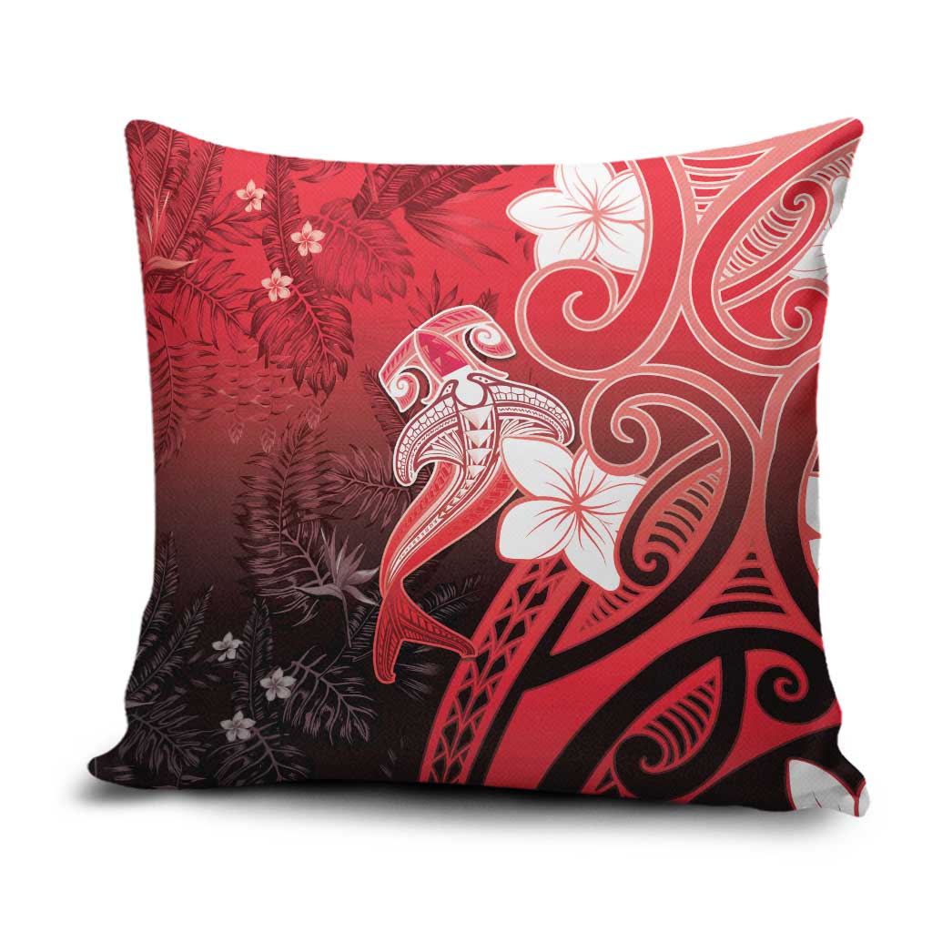 Polynesia Hammerhead Shark Pillow Cover Red Tribal Pattern With Plumeria - Polynesian Pride