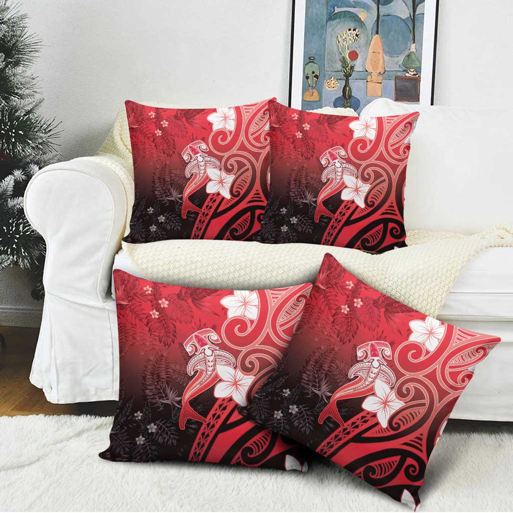 Polynesia Hammerhead Shark Pillow Cover Red Tribal Pattern With Plumeria - Polynesian Pride