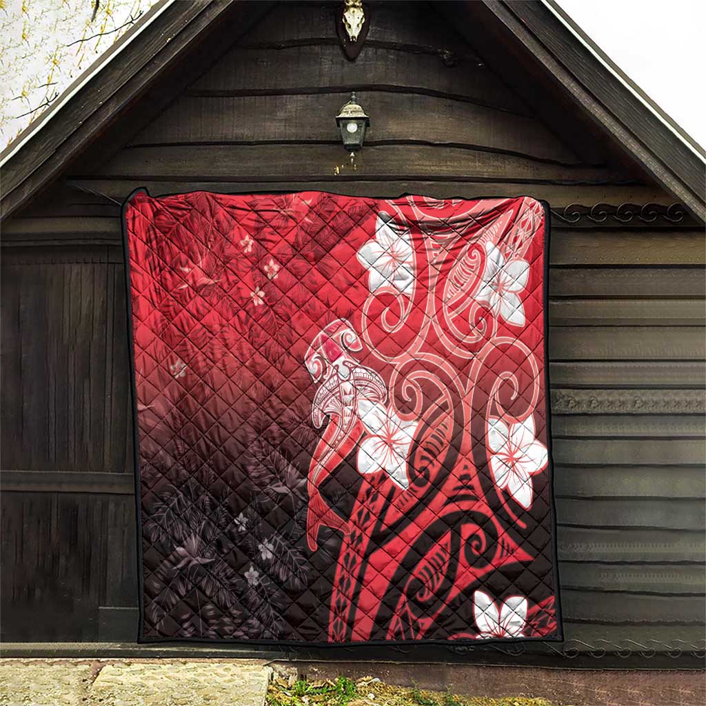 Polynesia Hammerhead Shark Quilt Red Tribal Pattern With Plumeria - Polynesian Pride