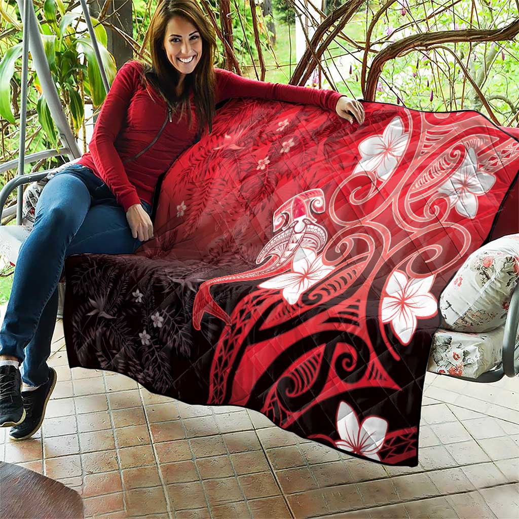 Polynesia Hammerhead Shark Quilt Red Tribal Pattern With Plumeria - Polynesian Pride