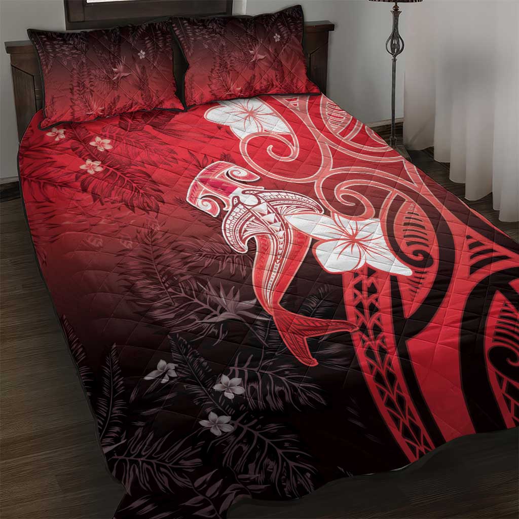 Polynesia Hammerhead Shark Quilt Bed Set Red Tribal Pattern With Plumeria LT05 Red - Polynesian Pride