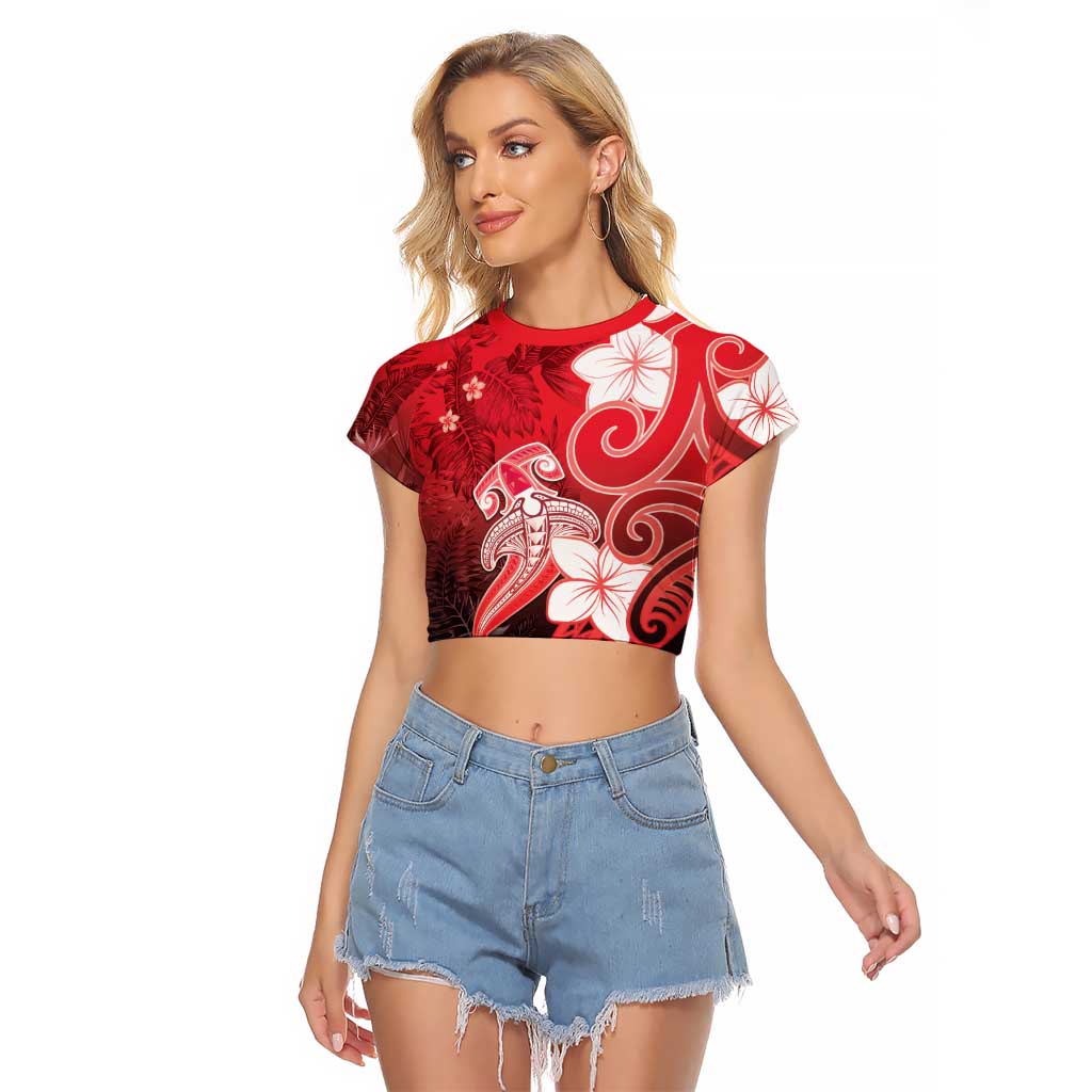 Polynesia Hammerhead Shark Raglan Cropped T Shirt Red Tribal Pattern With Plumeria - Polynesian Pride