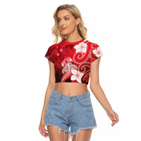 Polynesia Hammerhead Shark Raglan Cropped T Shirt Red Tribal Pattern With Plumeria - Polynesian Pride