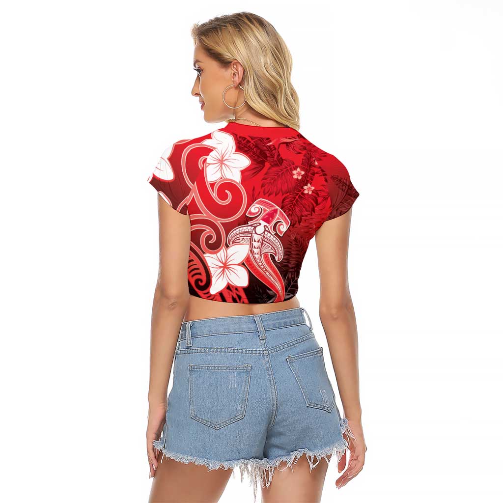 Polynesia Hammerhead Shark Raglan Cropped T Shirt Red Tribal Pattern With Plumeria - Polynesian Pride