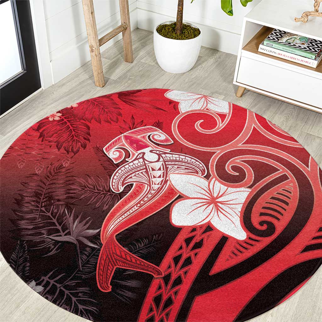 Polynesia Hammerhead Shark Round Carpet Red Tribal Pattern With Plumeria - Polynesian Pride