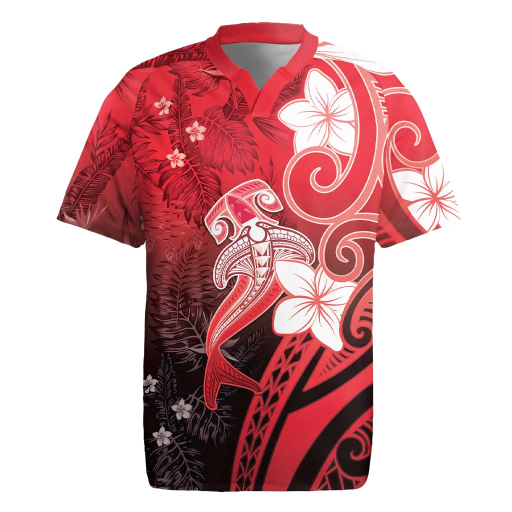 Polynesia Hammerhead Shark Rugby Jersey Red Tribal Pattern With Plumeria LT05 Red - Polynesian Pride
