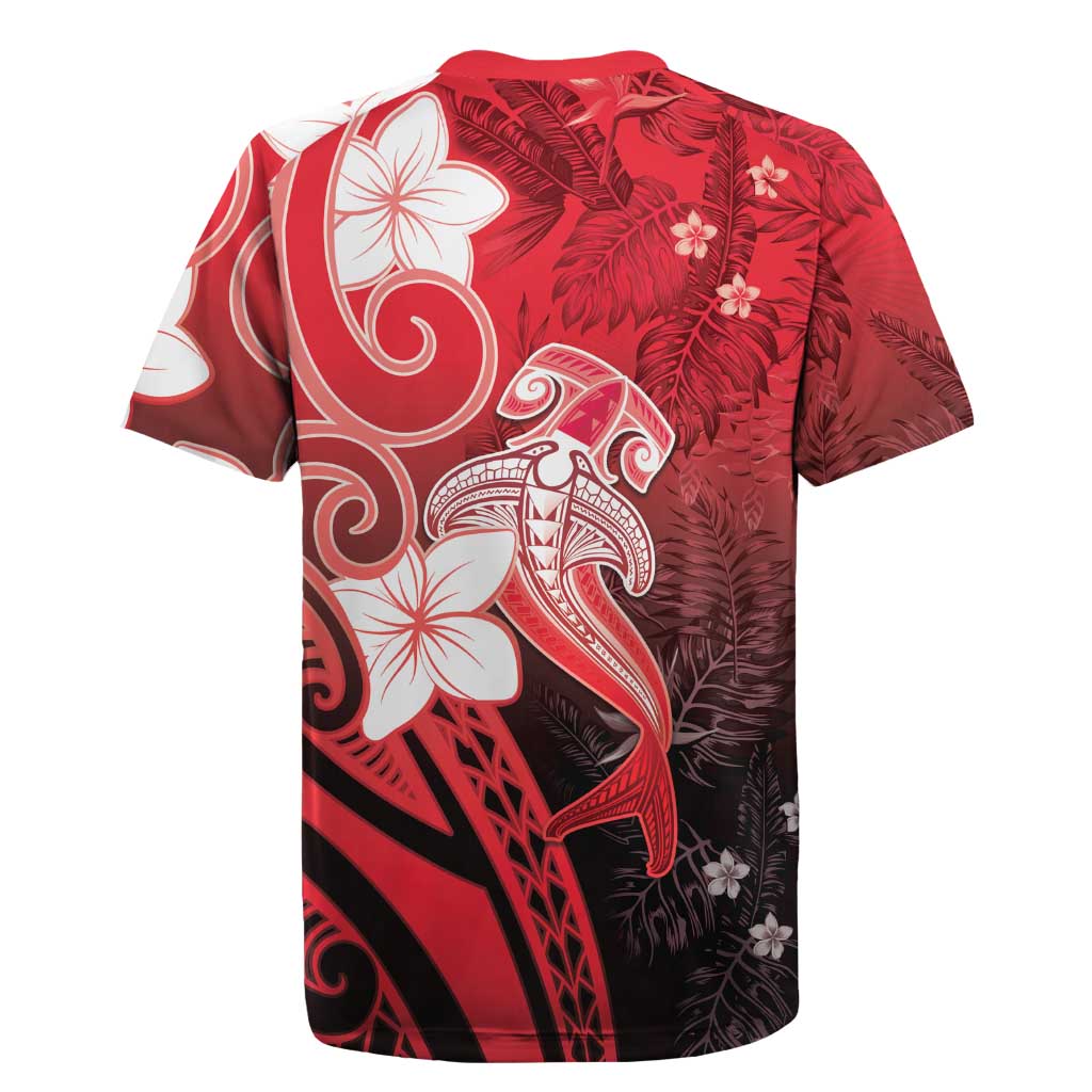 Polynesia Hammerhead Shark Rugby Jersey Red Tribal Pattern With Plumeria - Polynesian Pride