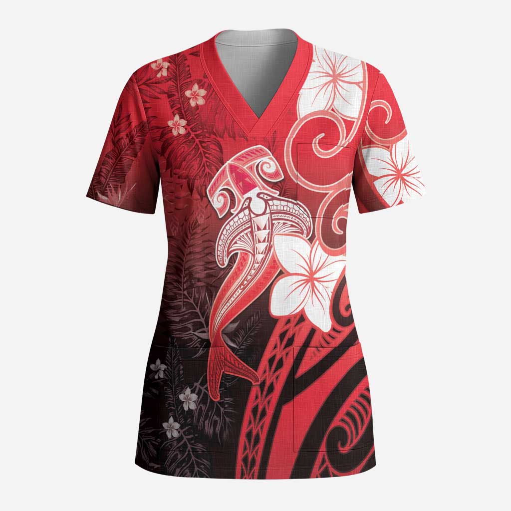 Polynesia Hammerhead Shark Scrub Top Red Tribal Pattern With Plumeria - Polynesian Pride