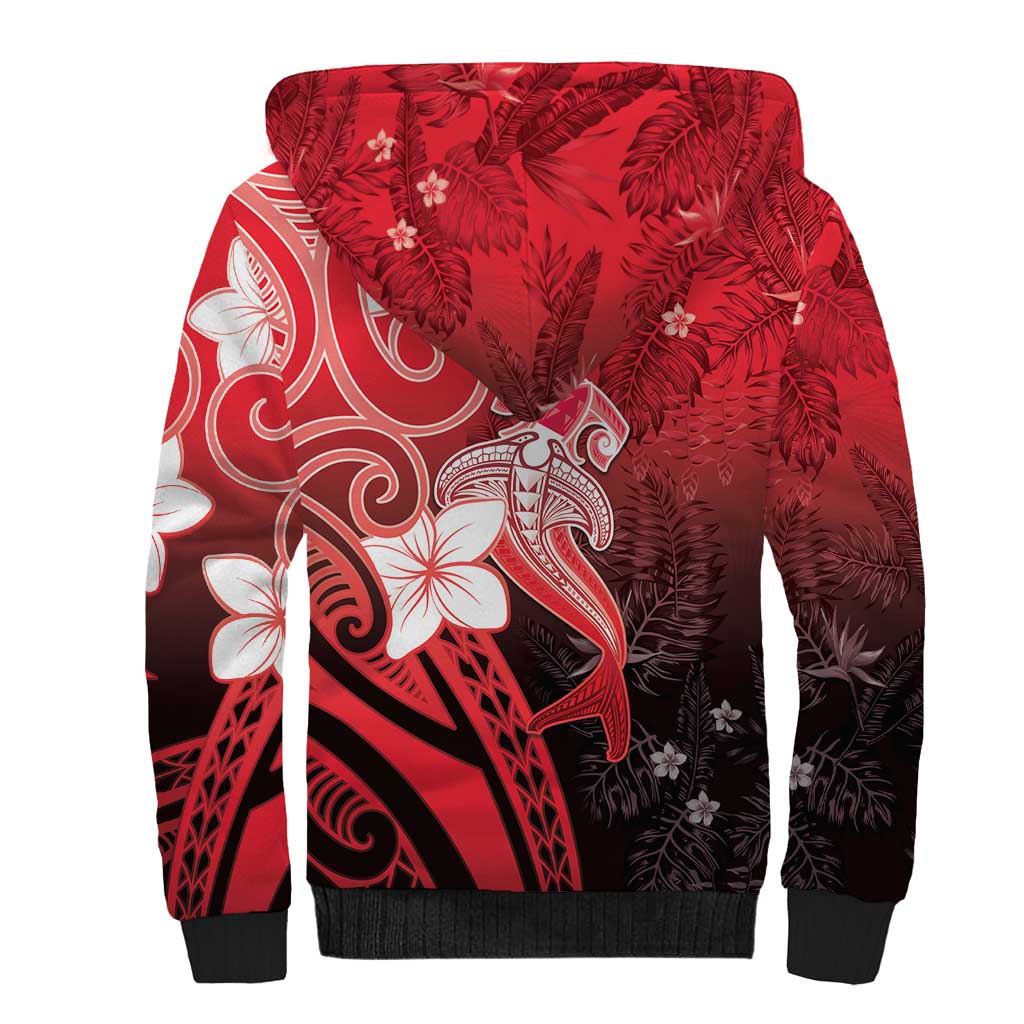 Polynesia Hammerhead Shark Sherpa Hoodie Red Tribal Pattern With Plumeria LT05 - Polynesian Pride