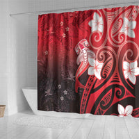 Polynesia Hammerhead Shark Shower Curtain Red Tribal Pattern With Plumeria - Polynesian Pride