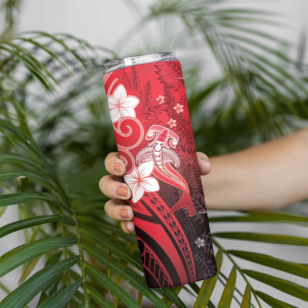 Polynesia Hammerhead Shark Skinny Tumbler Red Tribal Pattern With Plumeria - Polynesian Pride