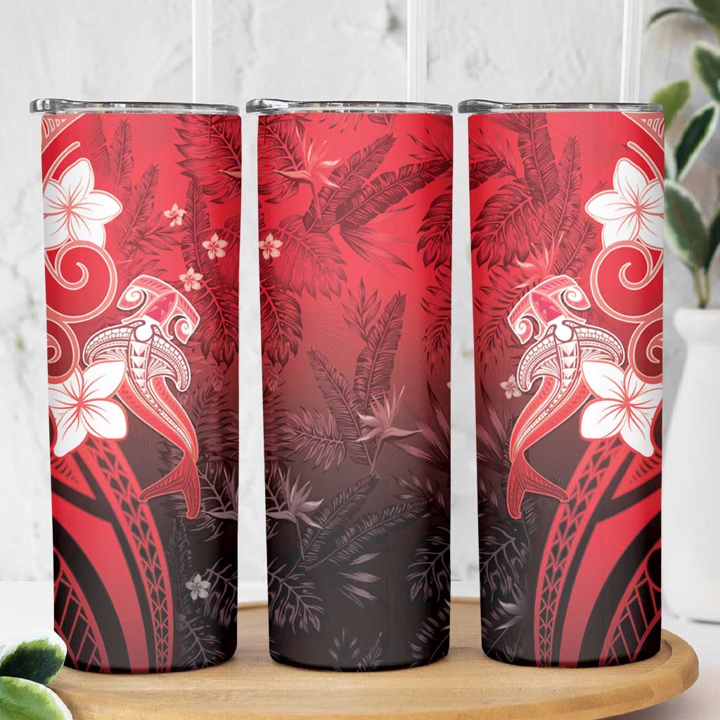 Polynesia Hammerhead Shark Skinny Tumbler Red Tribal Pattern With Plumeria - Polynesian Pride