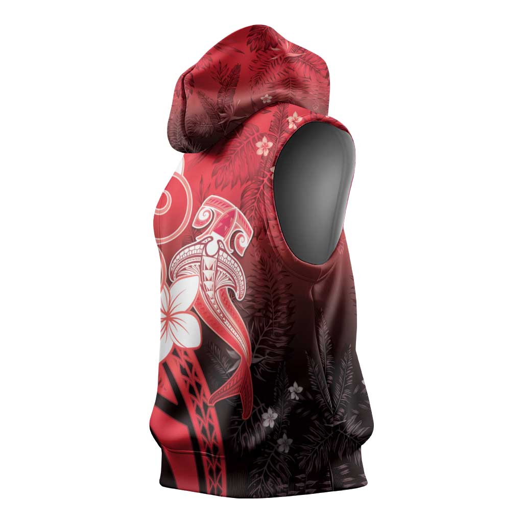 Polynesia Hammerhead Shark Sleeveless Hoodie Red Tribal Pattern With Plumeria - Polynesian Pride