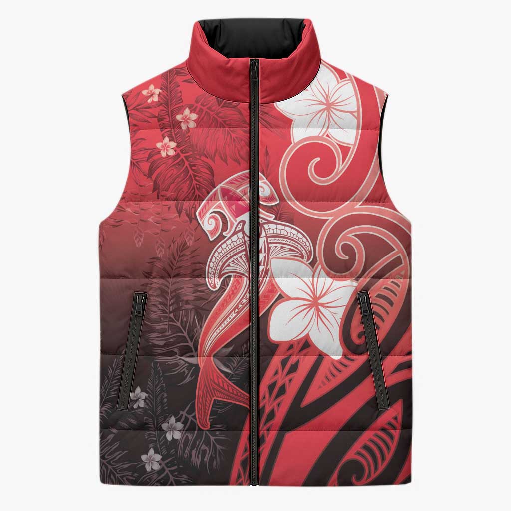 Polynesia Hammerhead Shark Sleeveless Puffer Jacket Red Tribal Pattern With Plumeria - Polynesian Pride