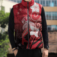 Polynesia Hammerhead Shark Sleeveless Puffer Jacket Red Tribal Pattern With Plumeria - Polynesian Pride