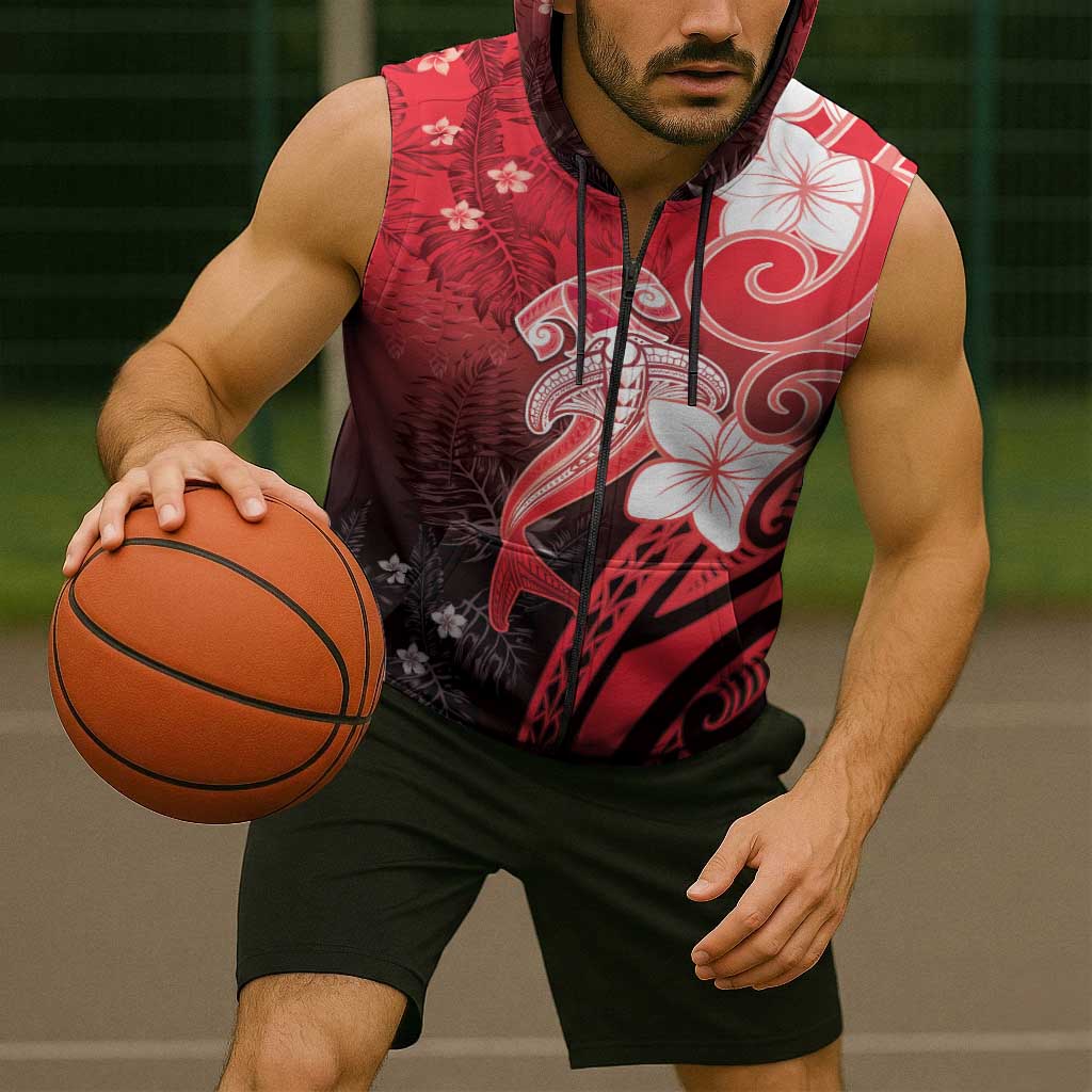 Polynesia Hammerhead Shark Sleeveless Zip Hoodie Red Tribal Pattern With Plumeria - Polynesian Pride