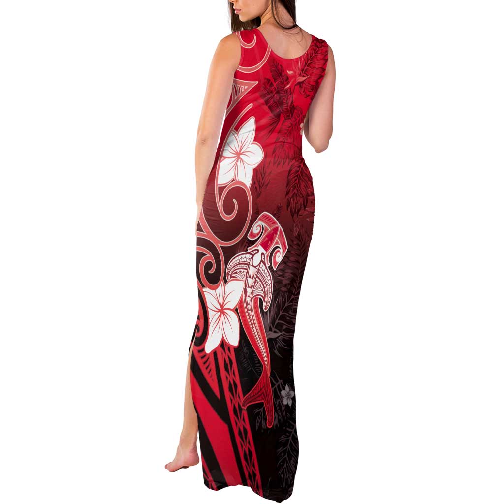 Polynesia Hammerhead Shark Tank Maxi Dress Red Tribal Pattern With Plumeria - Polynesian Pride