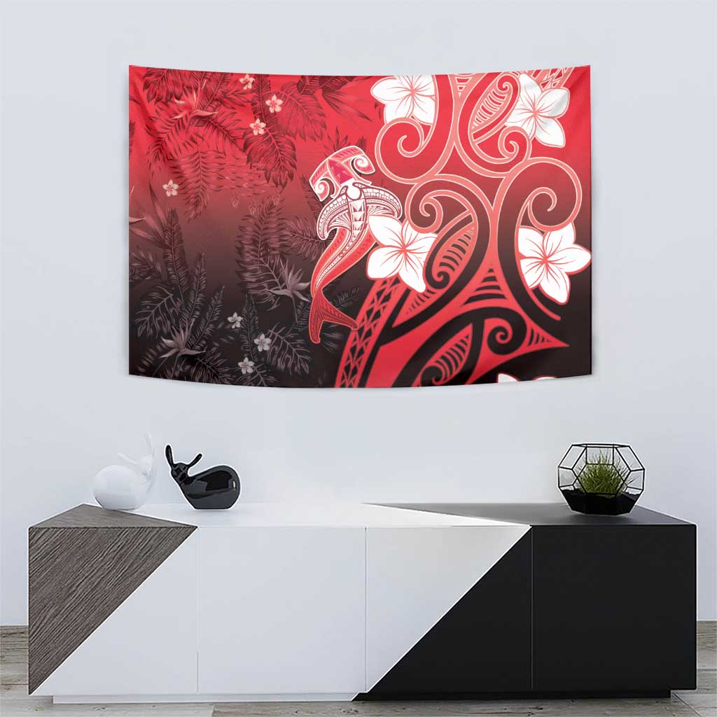 Polynesia Hammerhead Shark Tapestry Red Tribal Pattern With Plumeria - Polynesian Pride