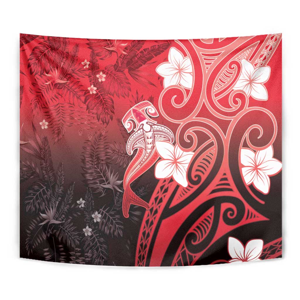 Polynesia Hammerhead Shark Tapestry Red Tribal Pattern With Plumeria - Polynesian Pride