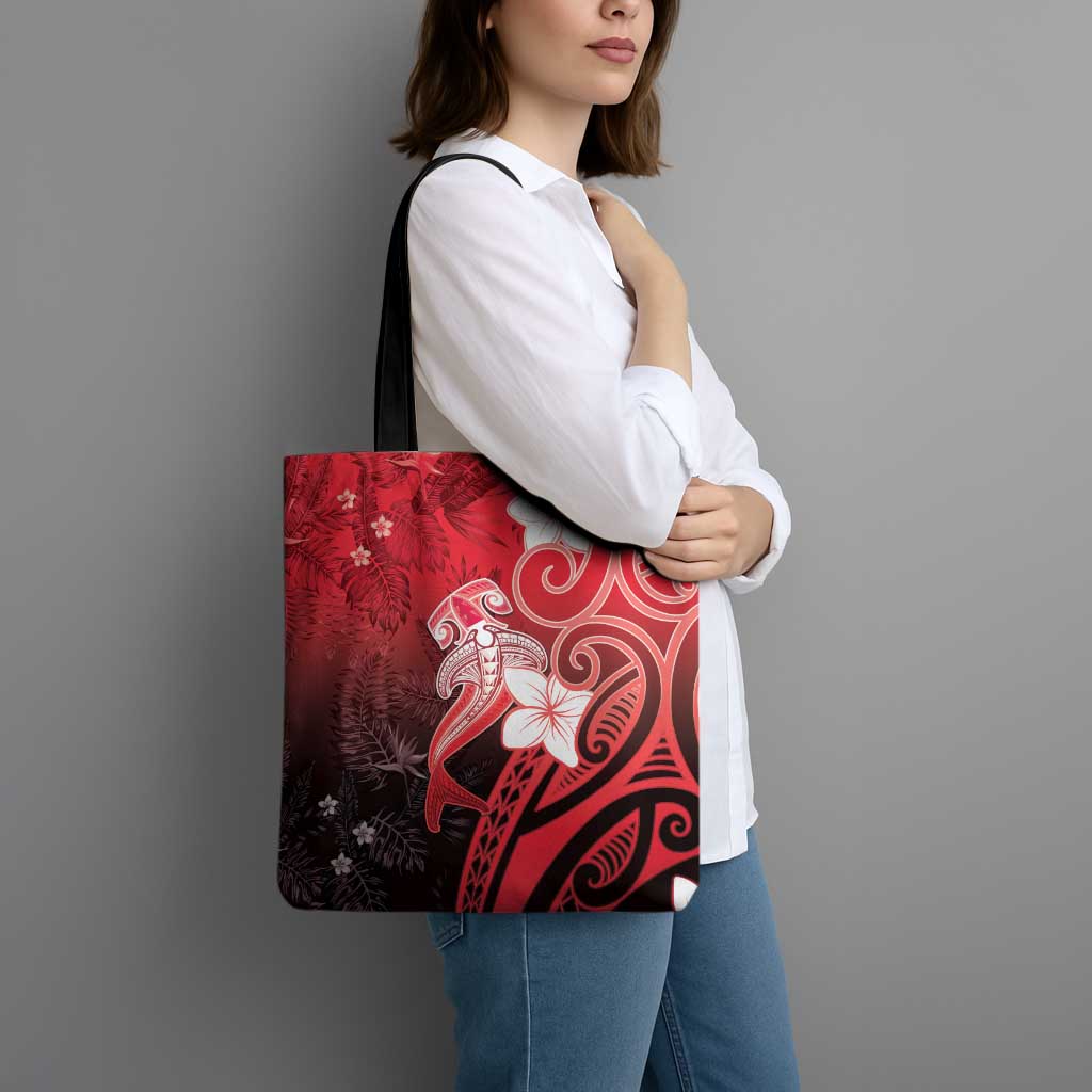 Polynesia Hammerhead Shark Tote Bag Red Tribal Pattern With Plumeria - Polynesian Pride