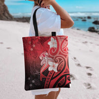 Polynesia Hammerhead Shark Tote Bag Red Tribal Pattern With Plumeria - Polynesian Pride