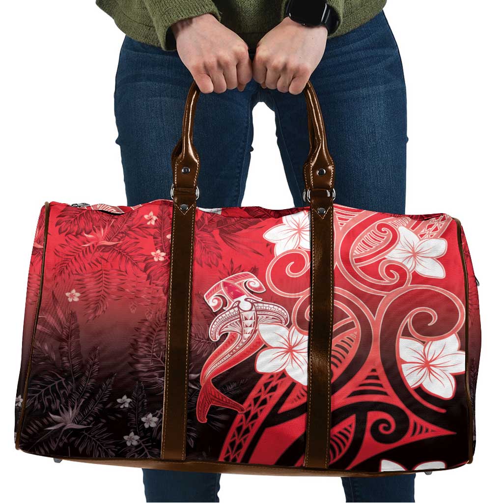 Polynesia Hammerhead Shark Travel Bag Red Tribal Pattern With Plumeria - Polynesian Pride
