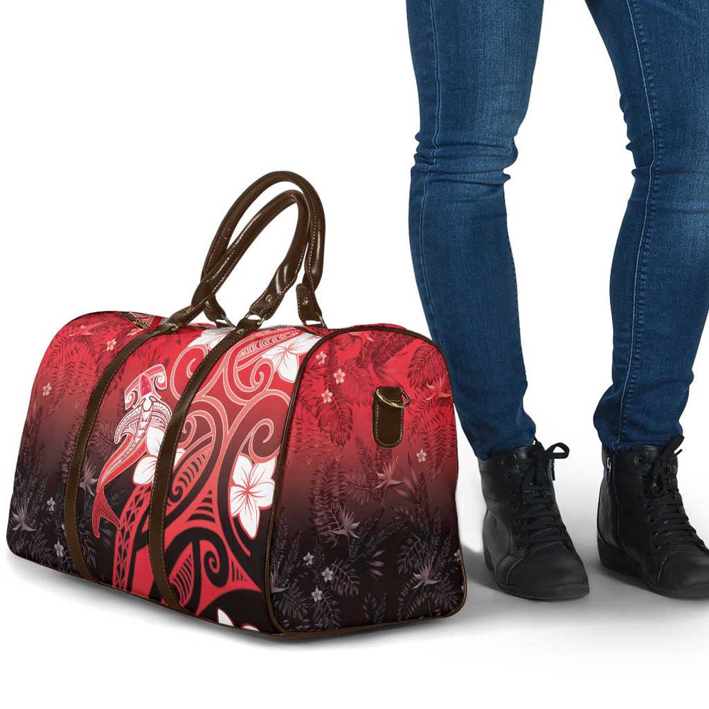 Polynesia Hammerhead Shark Travel Bag Red Tribal Pattern With Plumeria - Polynesian Pride
