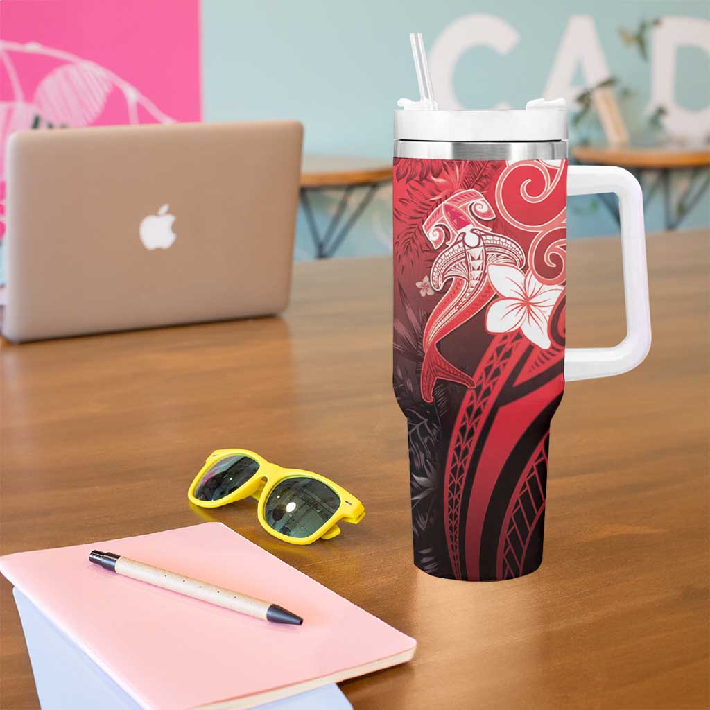 Polynesia Hammerhead Shark Tumbler With Handle Red Tribal Pattern With Plumeria - Polynesian Pride