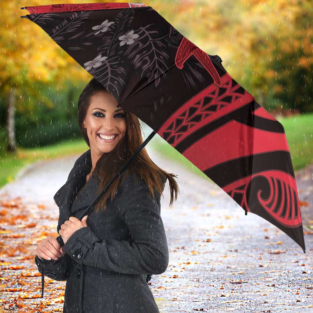 Polynesia Hammerhead Shark Umbrella Red Tribal Pattern With Plumeria - Polynesian Pride