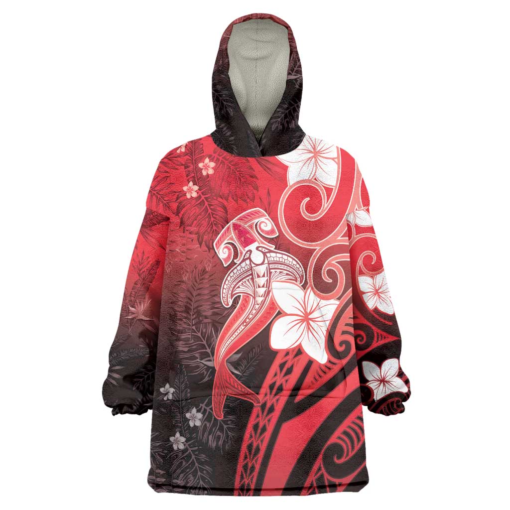Polynesia Hammerhead Shark Wearable Blanket Hoodie Red Tribal Pattern With Plumeria LT05 One Size Red - Polynesian Pride