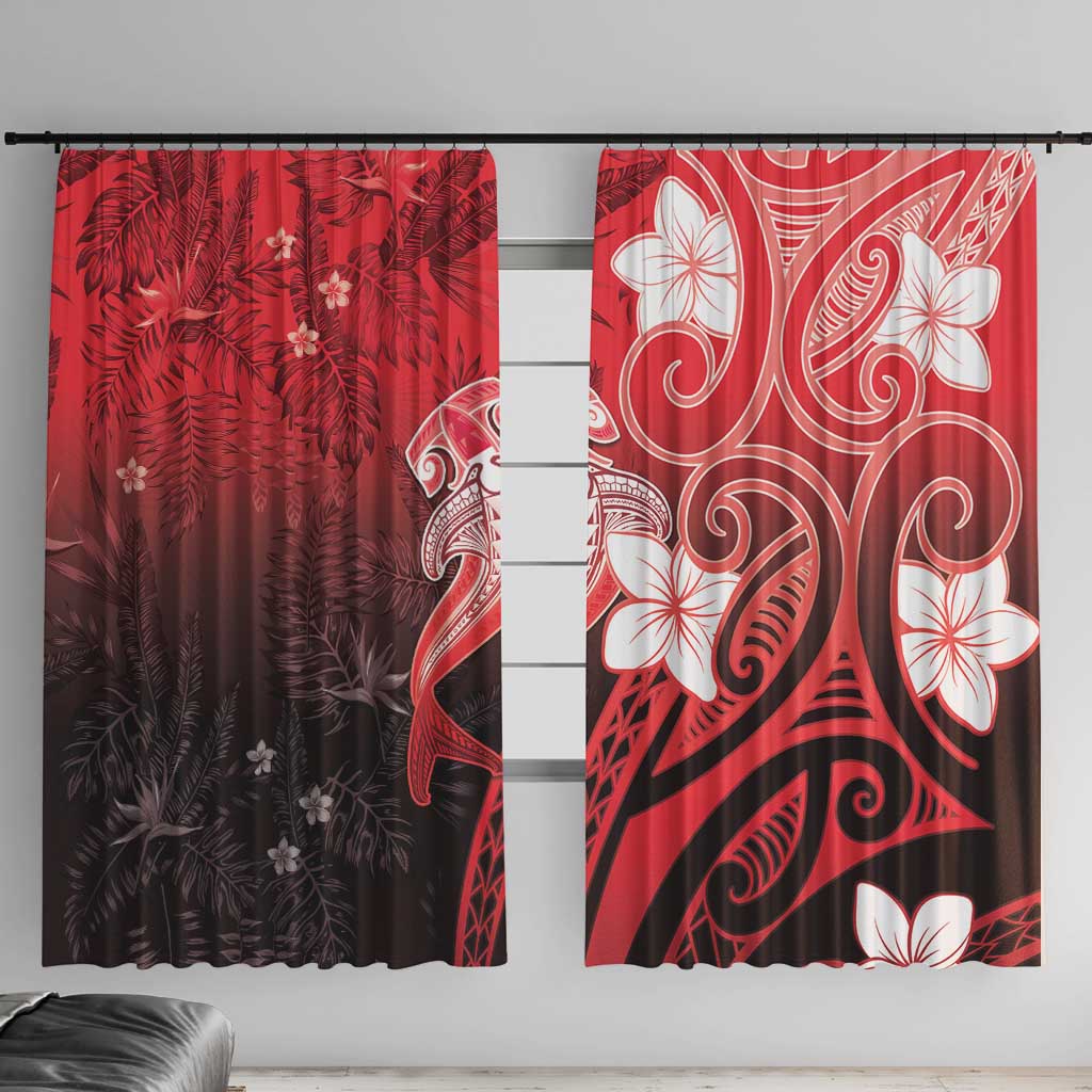 Polynesia Hammerhead Shark Window Curtain Red Tribal Pattern With Plumeria - Polynesian Pride
