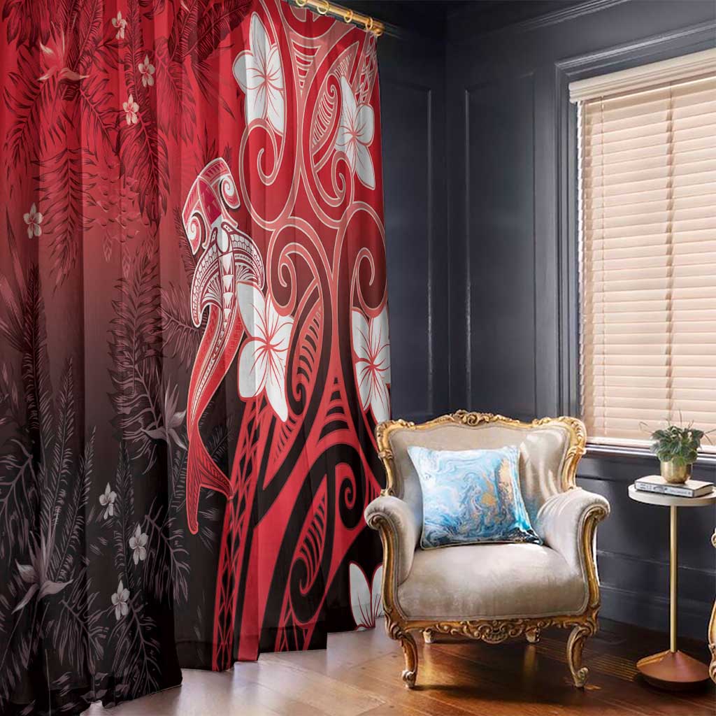 Polynesia Hammerhead Shark Window Curtain Red Tribal Pattern With Plumeria - Polynesian Pride