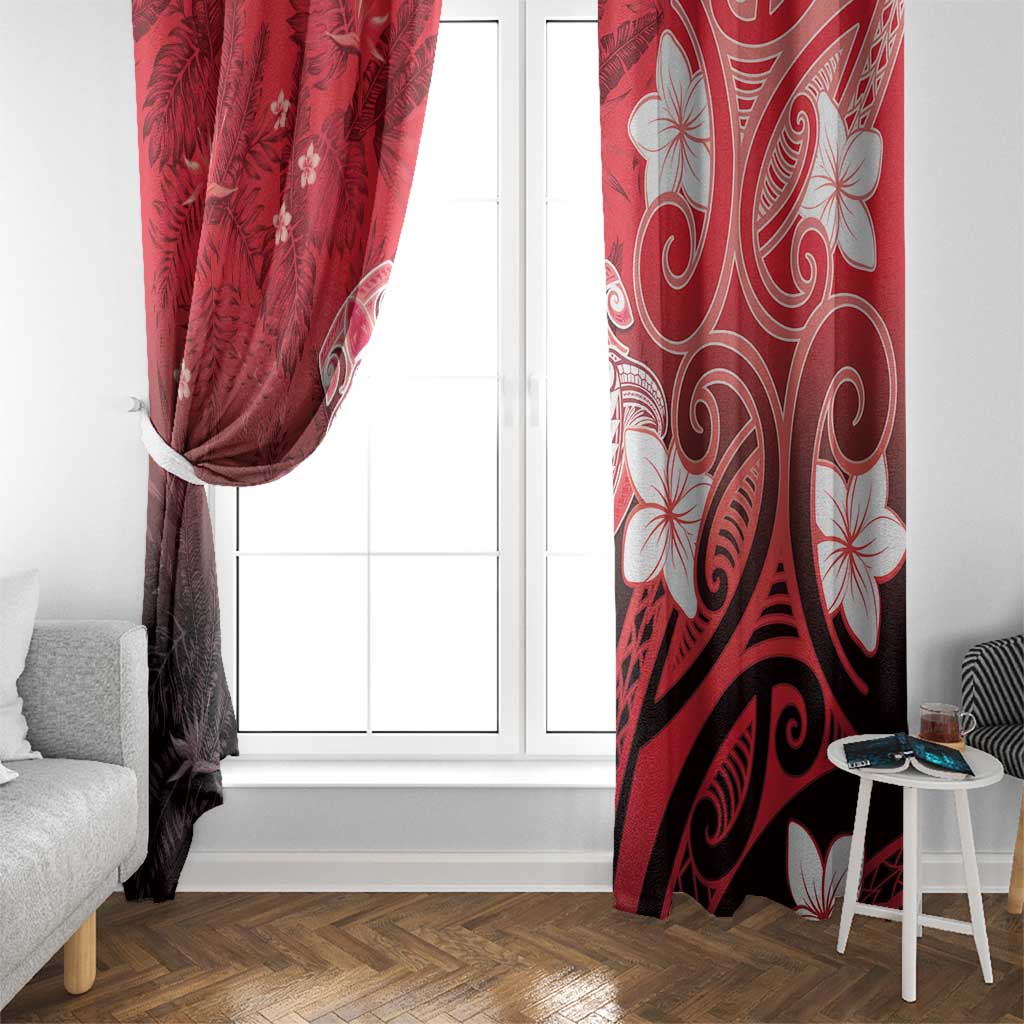 Polynesia Hammerhead Shark Window Curtain Red Tribal Pattern With Plumeria - Polynesian Pride