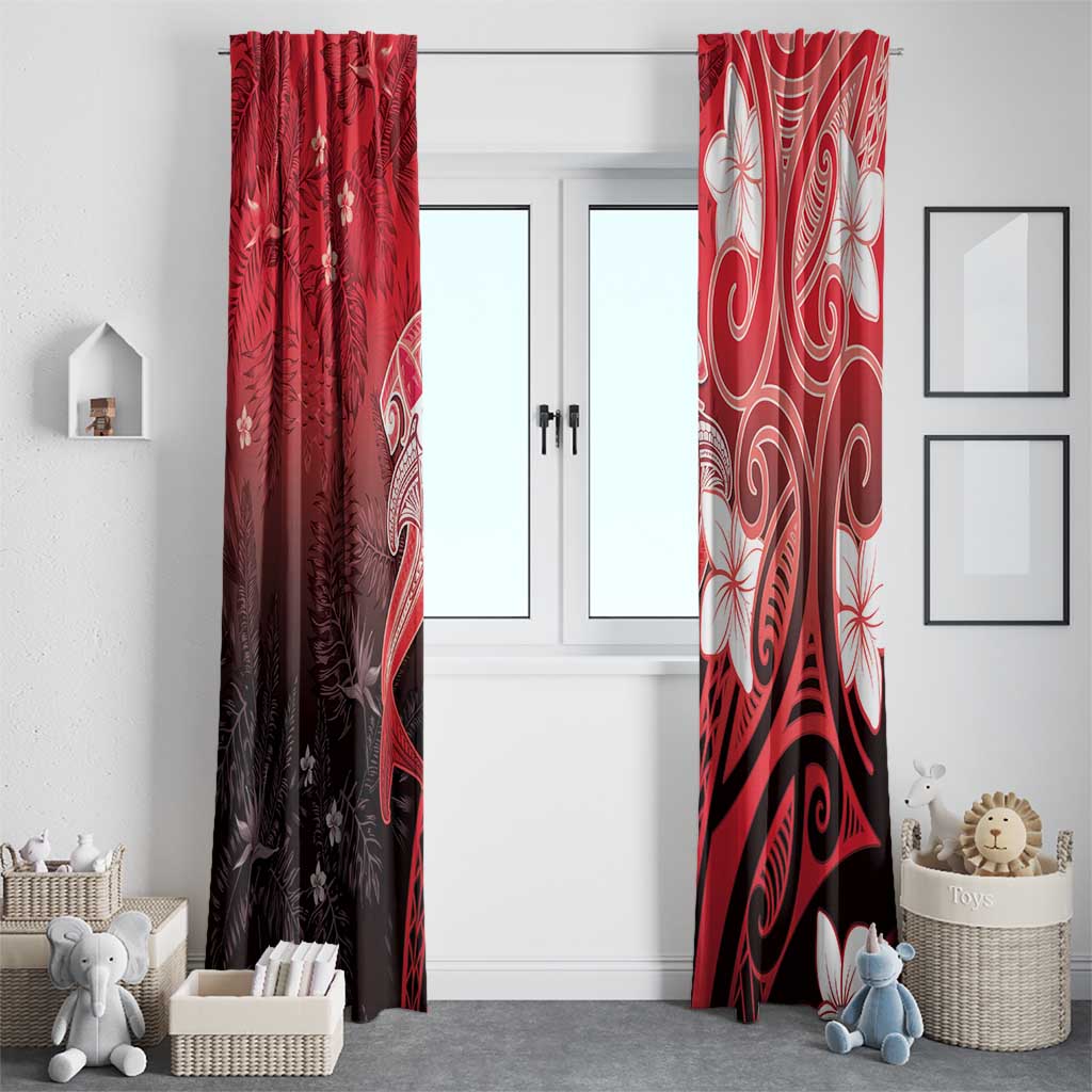 Polynesia Hammerhead Shark Window Curtain Red Tribal Pattern With Plumeria - Polynesian Pride