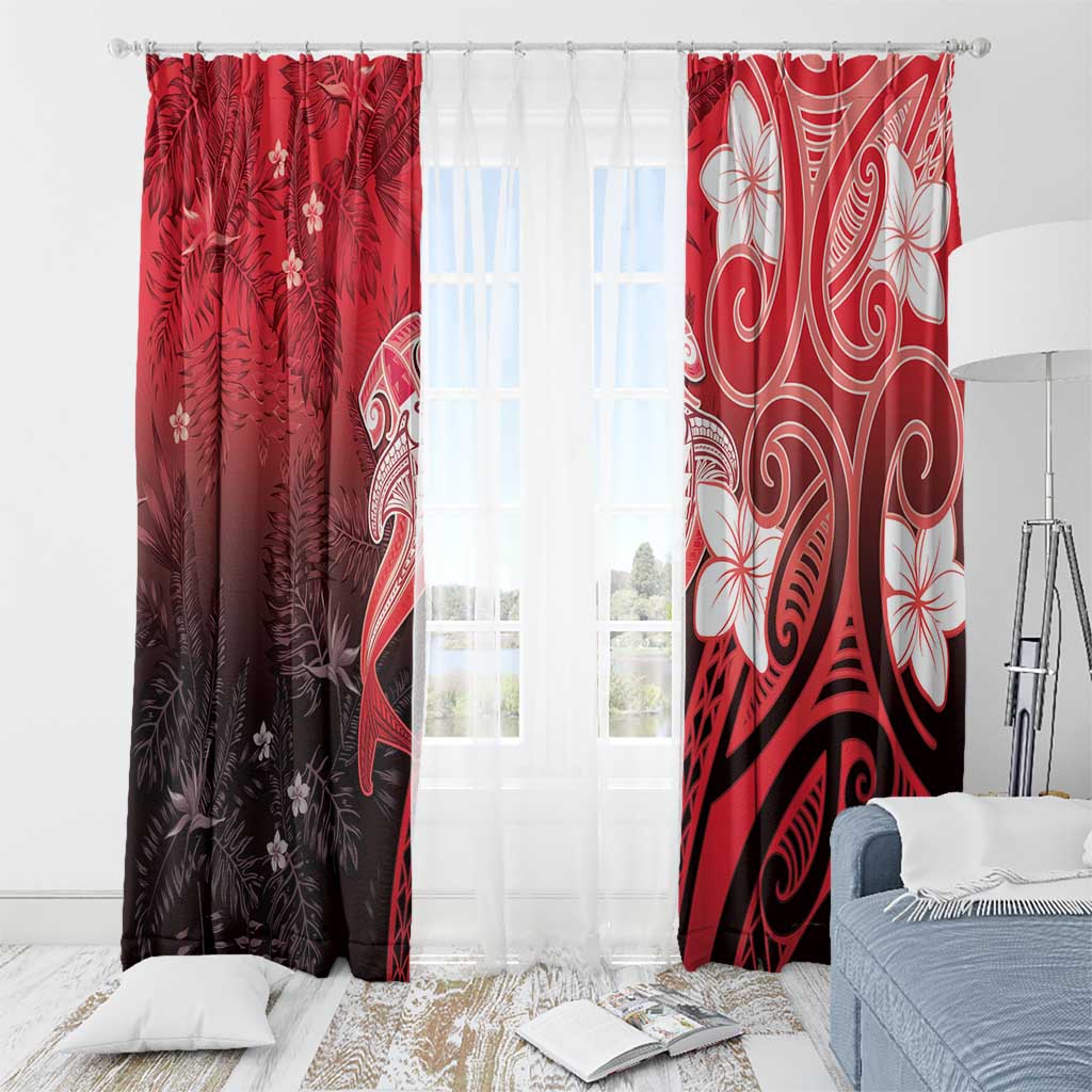 Polynesia Hammerhead Shark Window Curtain Red Tribal Pattern With Plumeria - Polynesian Pride