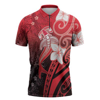 Polynesia Hammerhead Shark Zipper Polo Shirt Red Tribal Pattern With Plumeria - Polynesian Pride