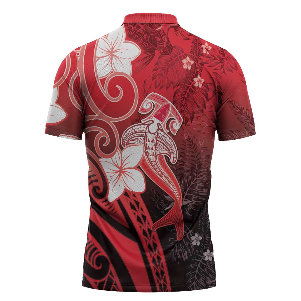 Polynesia Hammerhead Shark Zipper Polo Shirt Red Tribal Pattern With Plumeria - Polynesian Pride