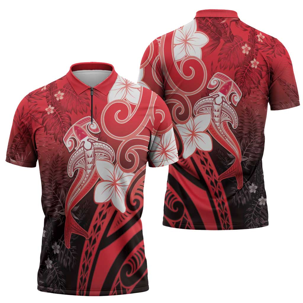 Polynesia Hammerhead Shark Zipper Polo Shirt Red Tribal Pattern With Plumeria - Polynesian Pride