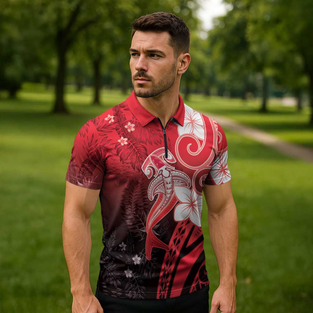 Polynesia Hammerhead Shark Zipper Polo Shirt Red Tribal Pattern With Plumeria - Polynesian Pride