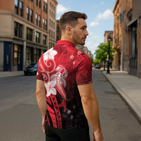Polynesia Hammerhead Shark Zipper Polo Shirt Red Tribal Pattern With Plumeria - Polynesian Pride