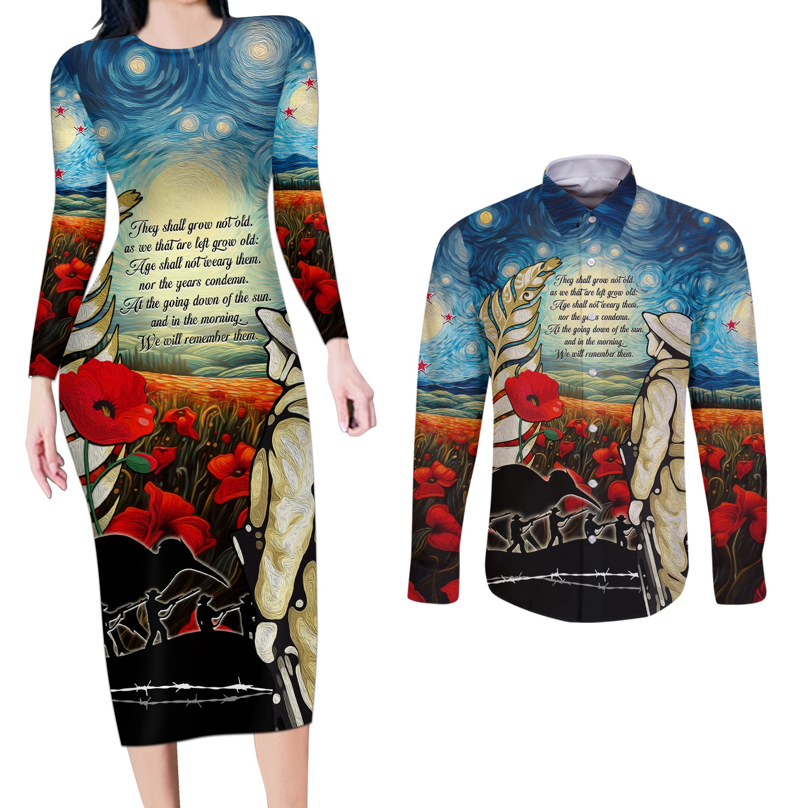 Kei Wareware Tatou New Zealand ANZAC Day Couples Matching Long Sleeve Bodycon Dress and Long Sleeve Button Shirt Starry Night Inspo Style LT05 Blue - Polynesian Pride