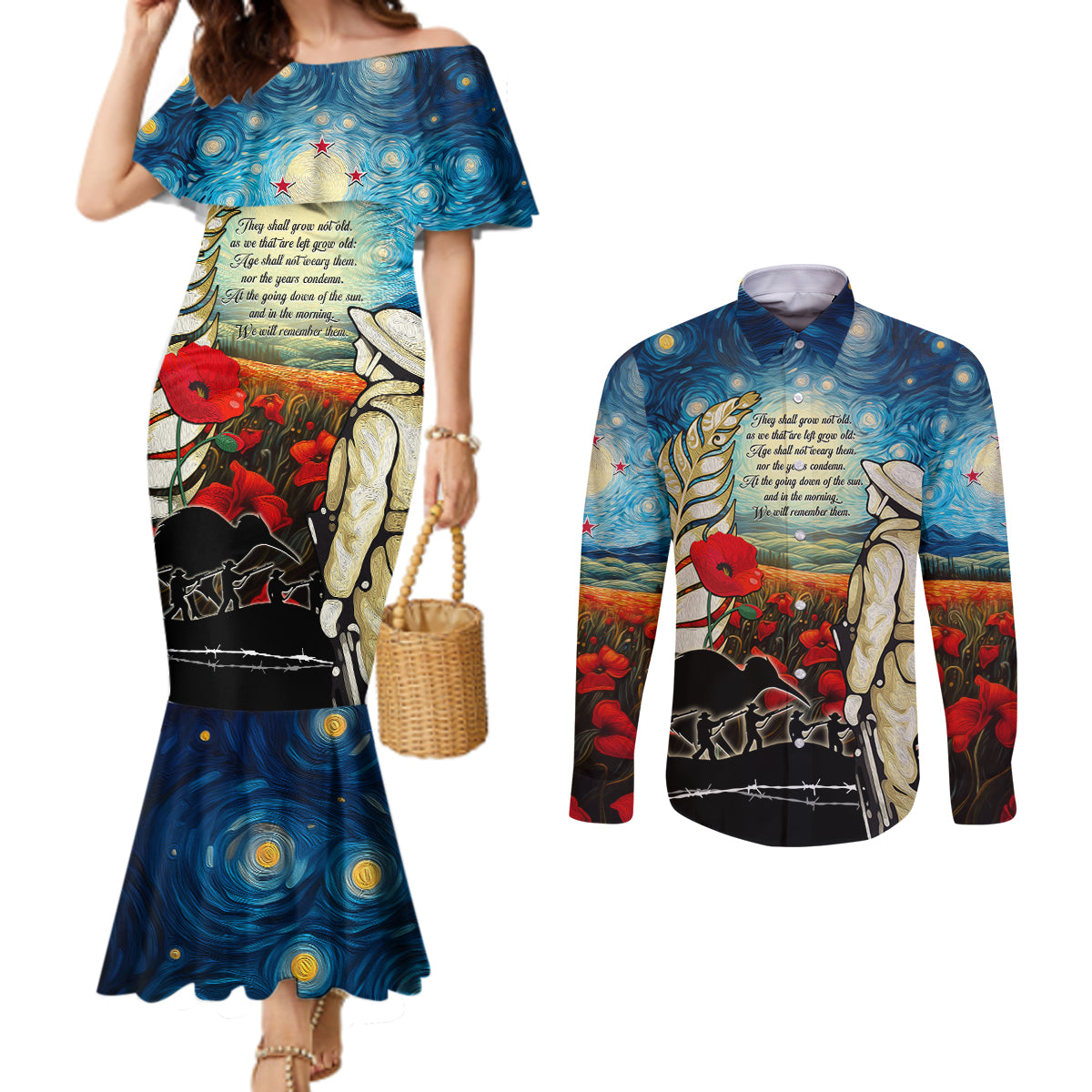 Kei Wareware Tatou New Zealand ANZAC Day Couples Matching Mermaid Dress and Long Sleeve Button Shirt Starry Night Inspo Style LT05 Blue - Polynesian Pride