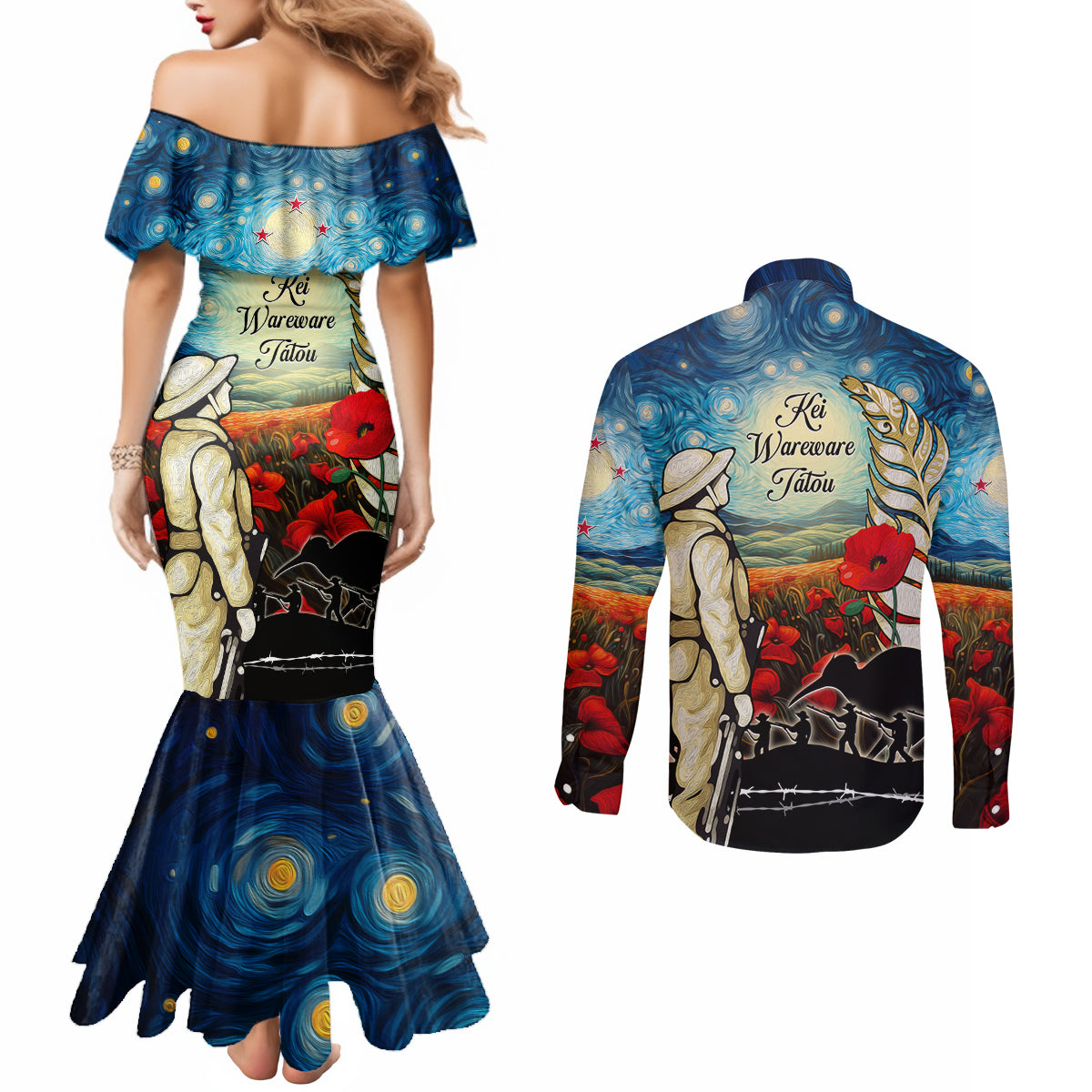 Kei Wareware Tatou New Zealand ANZAC Day Couples Matching Mermaid Dress and Long Sleeve Button Shirt Starry Night Inspo Style LT05 - Polynesian Pride
