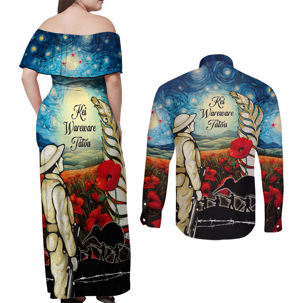 Kei Wareware Tatou New Zealand ANZAC Day Couples Matching Off Shoulder Maxi Dress and Long Sleeve Button Shirt Starry Night Inspo Style LT05 - Polynesian Pride